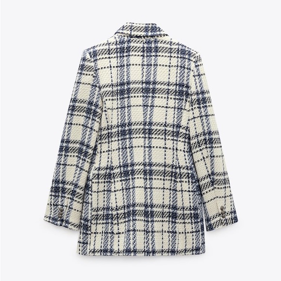 Zara Ecru & Blue Double Breasted Textured Weave Blazer Jacket - Picture 15 of 16
